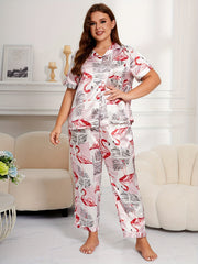 Flamingo & Leaf Print Satin Pajamas Set