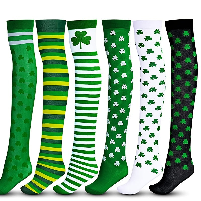 Lucky Shamrock Print Green Striped St Patrick's Over The Knee Socks
