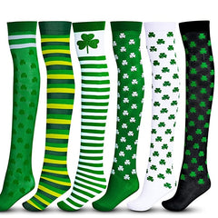 Lucky Shamrock Print Green Striped St Patrick's Over The Knee Socks