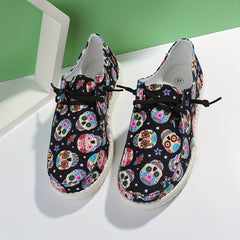 Women's Skull & Flower Print Sneakers Lace Up Outdoor Shoes