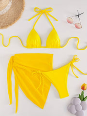 Yellow Bikini Set Halter Neck Tie Back High Cut Swimsuit Cover Up