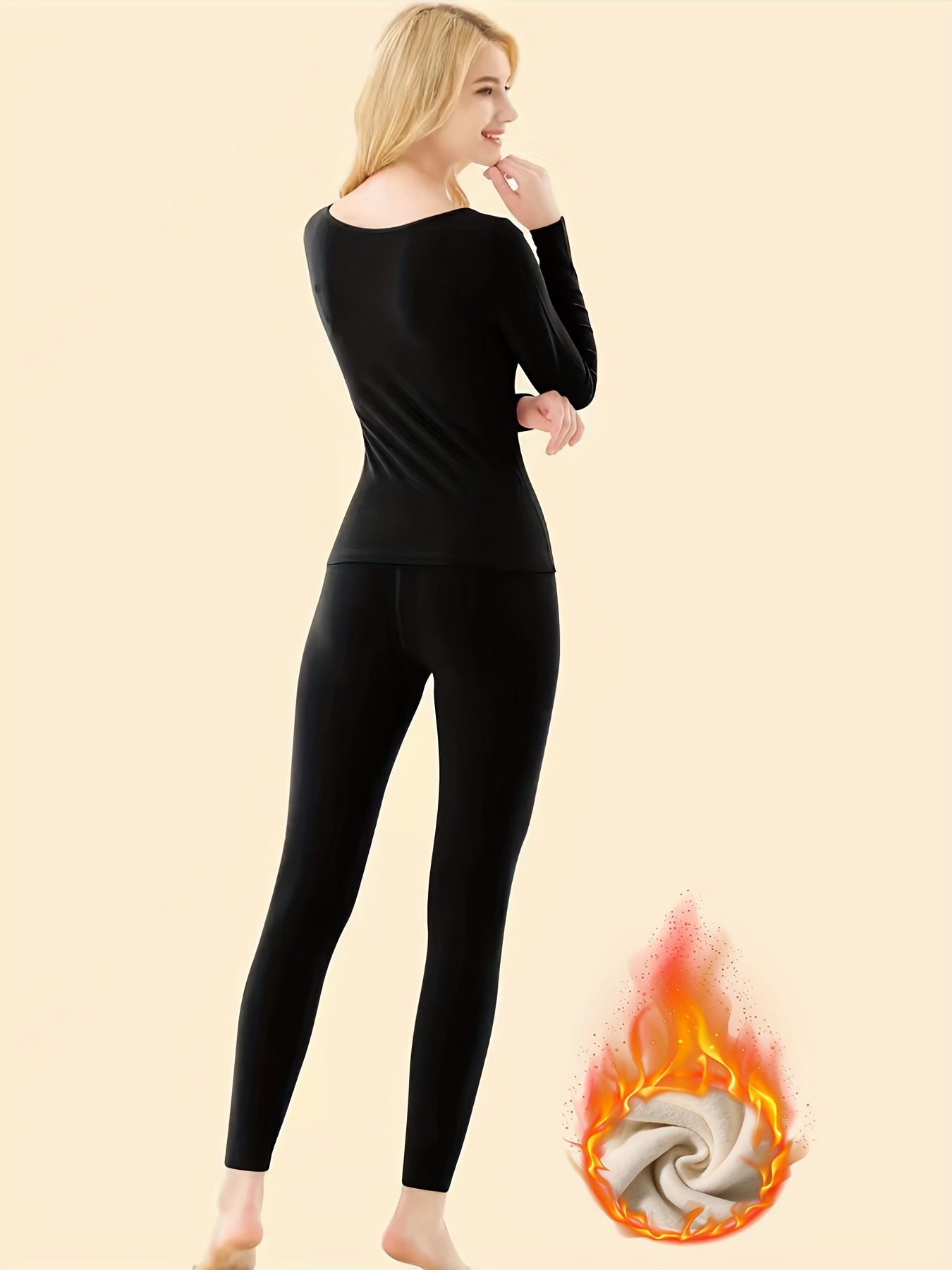 2pcs Thermal Underwear Set Long Sleeve Top & Leggings Suit Women's Activewear