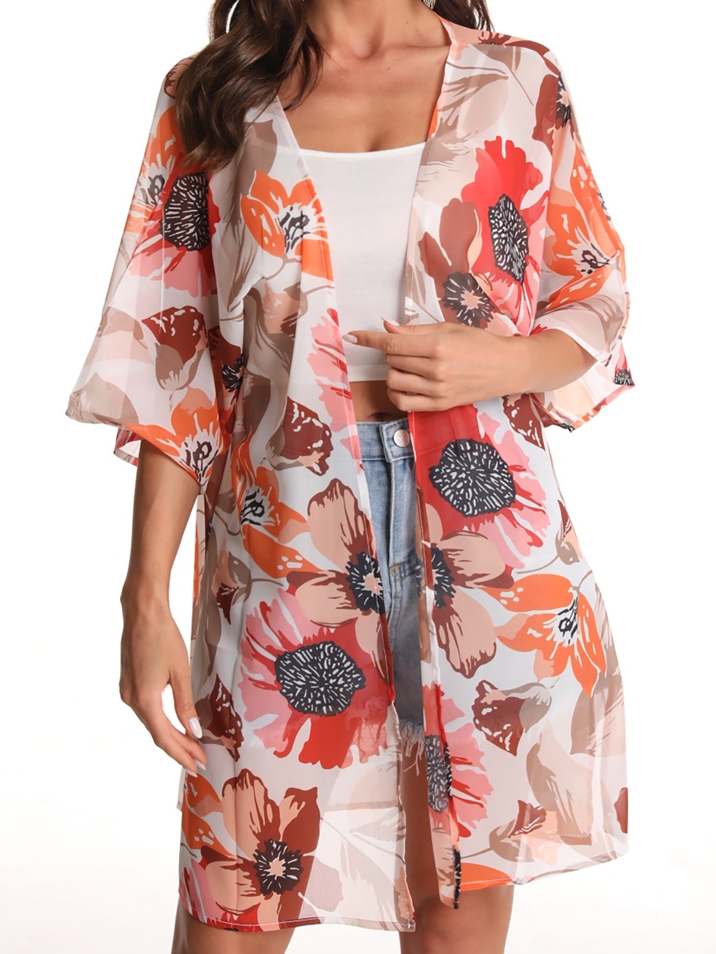 Floral Dolman Sleeves Chiffon Cover Up Kimono