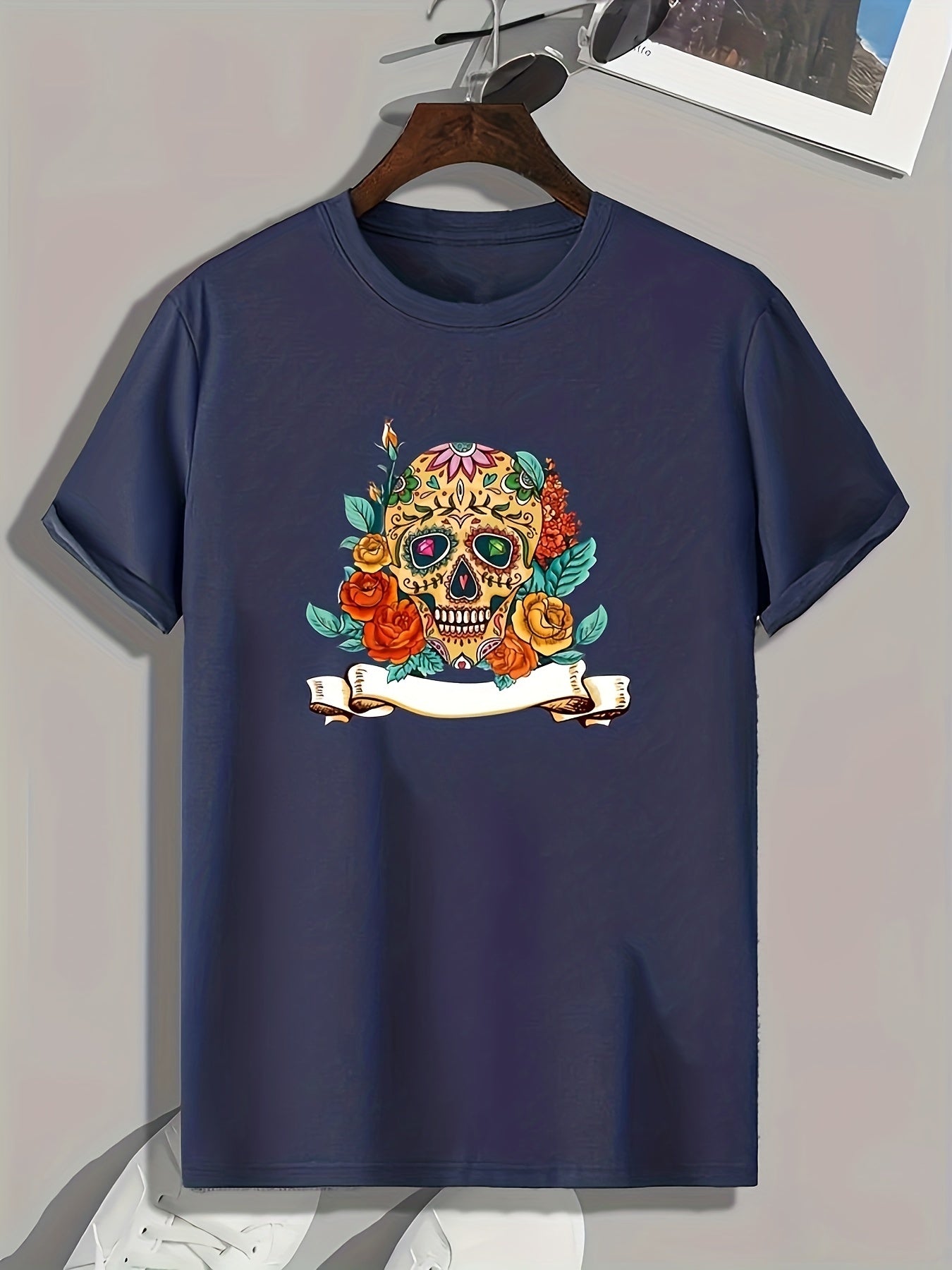 Skull And Flowers Print Men's Graphic T shirt Casual Comfy Tees