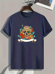 Skull And Flowers Print Men's Graphic T shirt Casual Comfy Tees