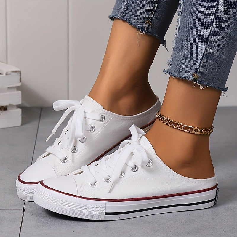 Women's Classic Mule Canvas Sneakers Casual Lace Up Low Top Slip On Shoes