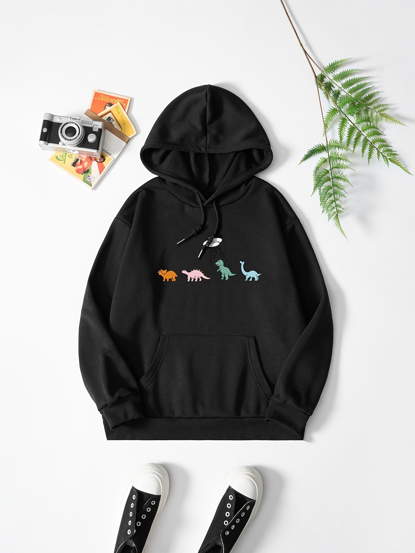 Cartoon Animal Print Casual Hooded Shirt with Kangaroo Pocket
