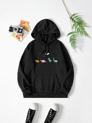 Cartoon Animal Print Casual Hooded Shirt with Kangaroo Pocket