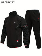 Men's Striped Sports Suit Stand Collar Jacket & Stretch Pants