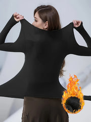 Stretchy Fleece Liner Thermal T Shirt Slimming Round Neck Long Sleeves Yoga Top