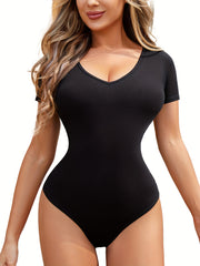 Women's Solid V Neck Short Sleeve Yoga Sports Bodysuit