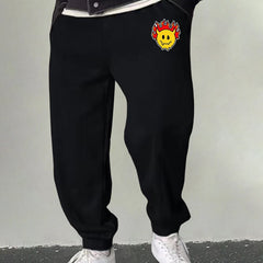 Men's Flame & Happy Face Graphic Sweatpants Casual Drawstring Loose Joggers
