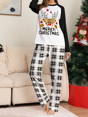 Christmas Pajamas Set Women's Elk & Slogan Tee & Plaid Pants Two Piece