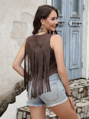 Western Hollow Out Fringe Trim Vest Jacket Casual Sleeveless Open Front Vest