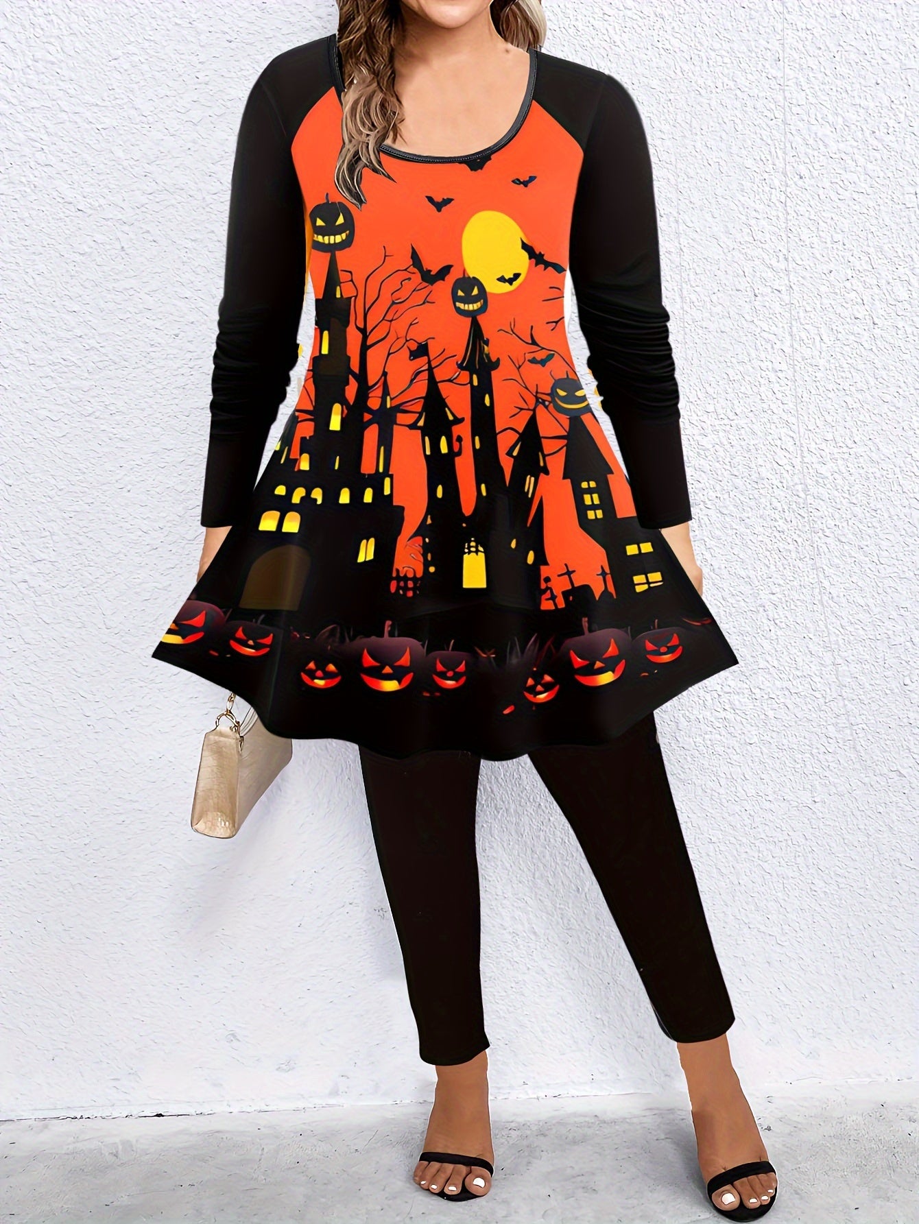 Pumpkin & Cat Print Tunic Top & Leg