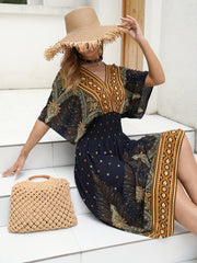 Boho Dress Women's Plus Floral & Paisley Print V Neck Short Sleeve