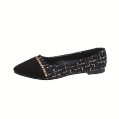 Women's Cap Toe Flat Shoes Chain Pointed Toe Tweed Ballet Flats
