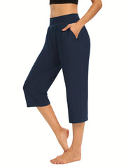 Elastic Waist Cropped Pants with Pockets for Women