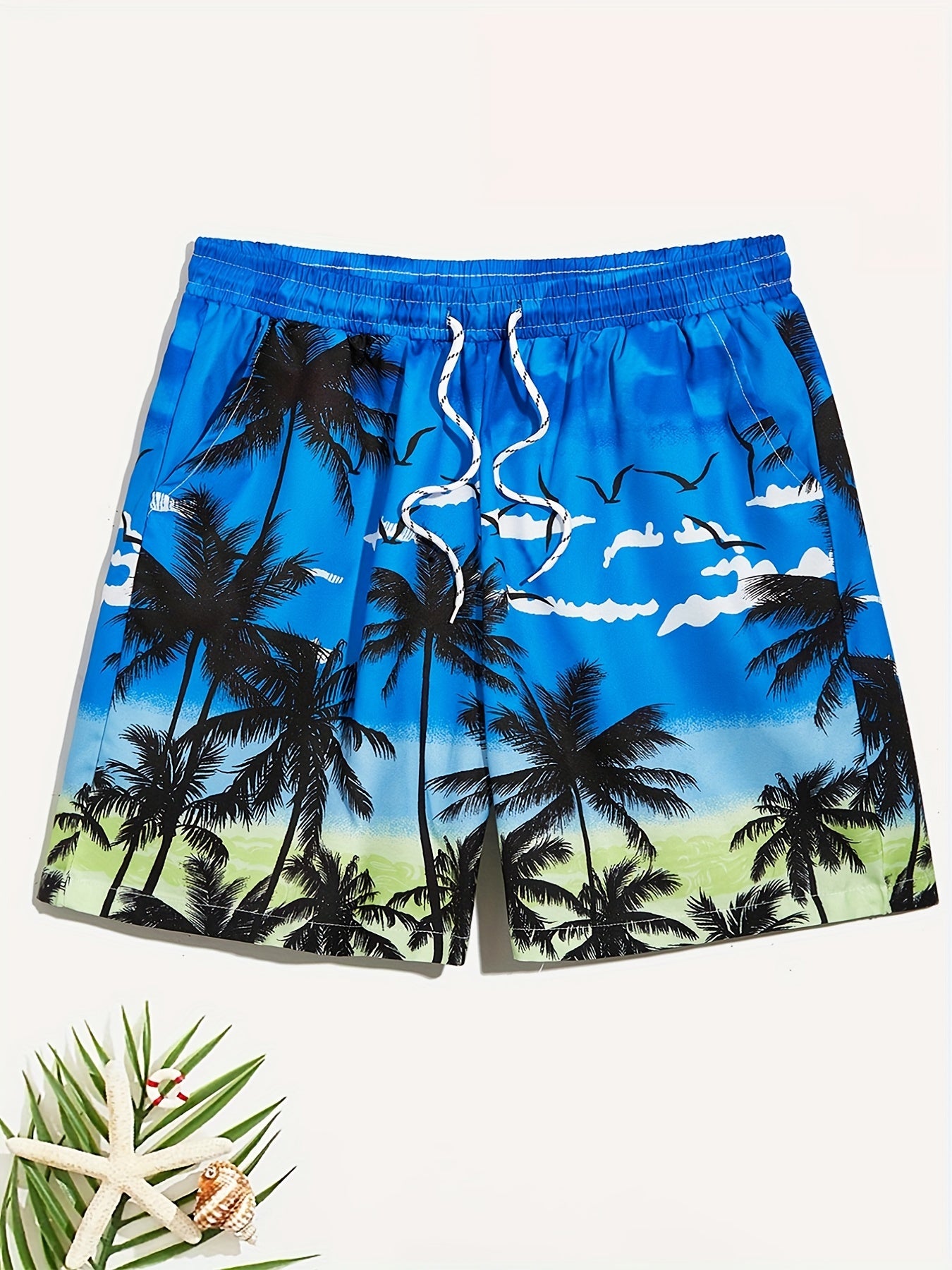 Quick Dry Drawstring Men's Swim Trunks Palm Trees Print Board Shorts