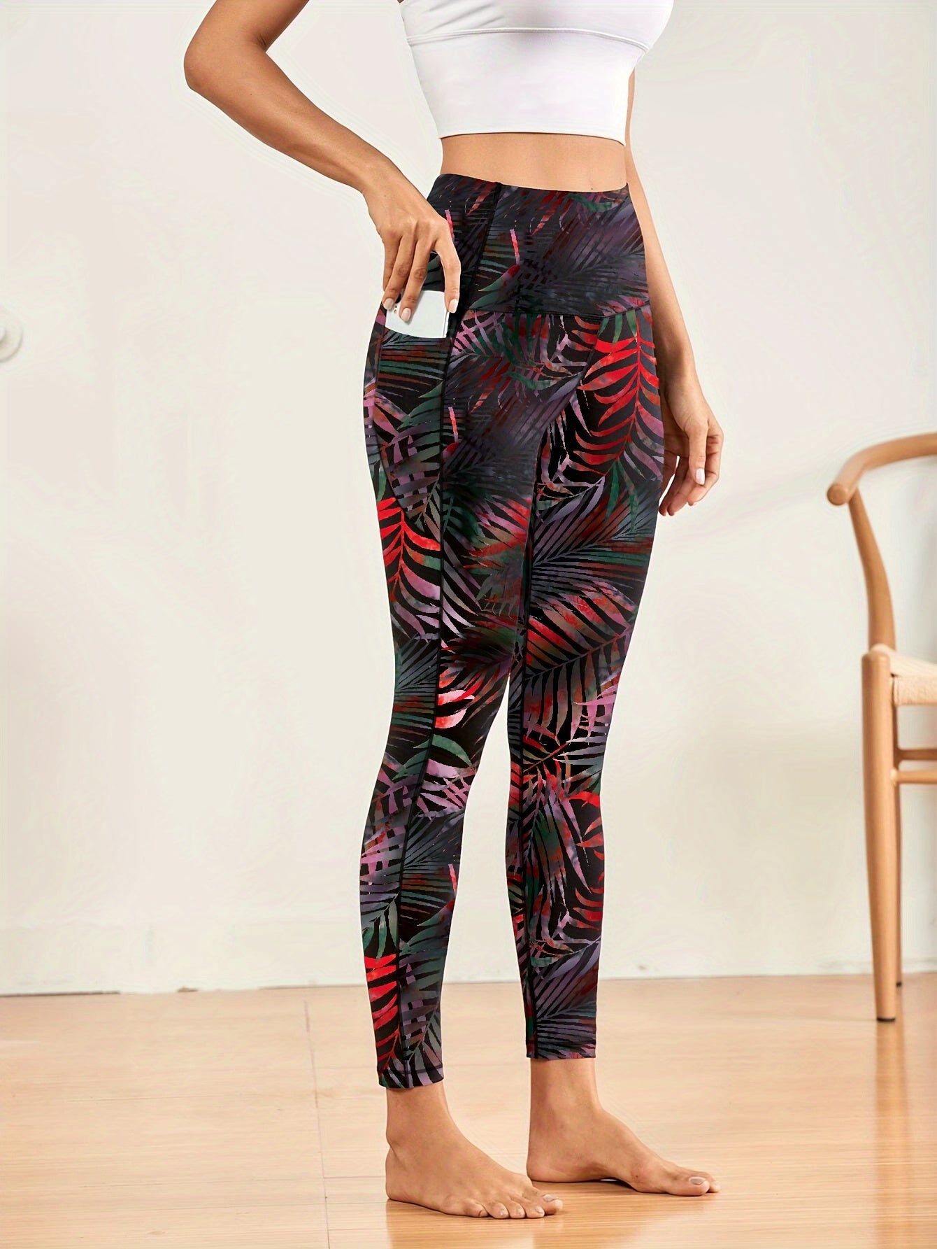 Leaf Print Casual Yoga Pants High Stretch With Side Pocket