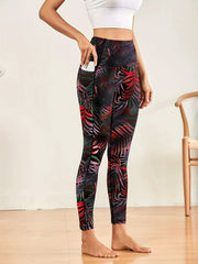 Leaf Print Casual Yoga Pants High Stretch With Side Pocket