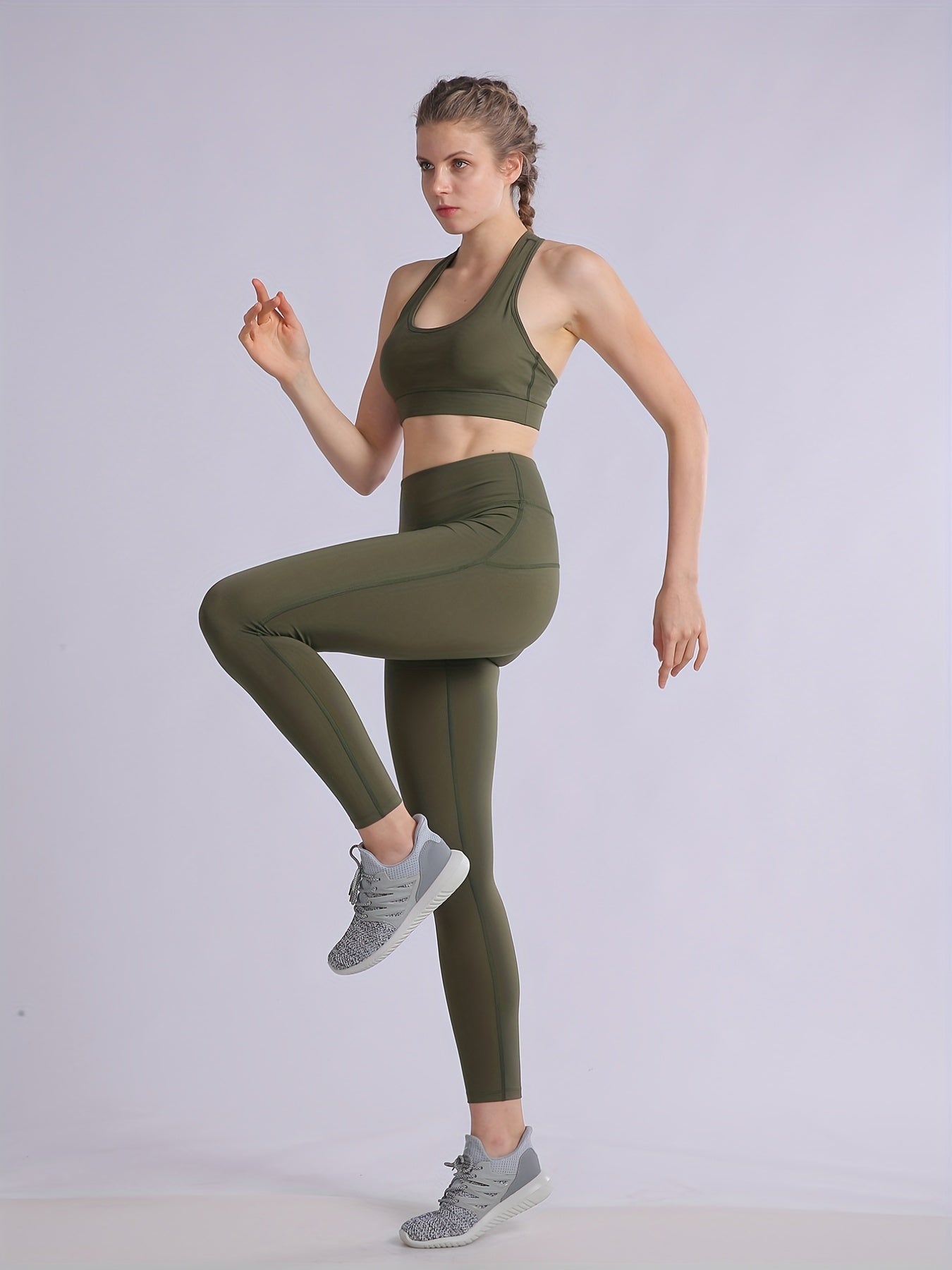 2pcs Solid Yoga Sports Bra & Leggings Set Women's Activewear