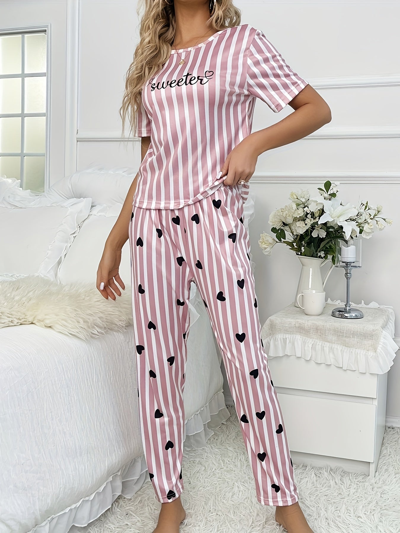 Heart Print Pajama Set Short Sleeve Top & Elastic Waistband Pants