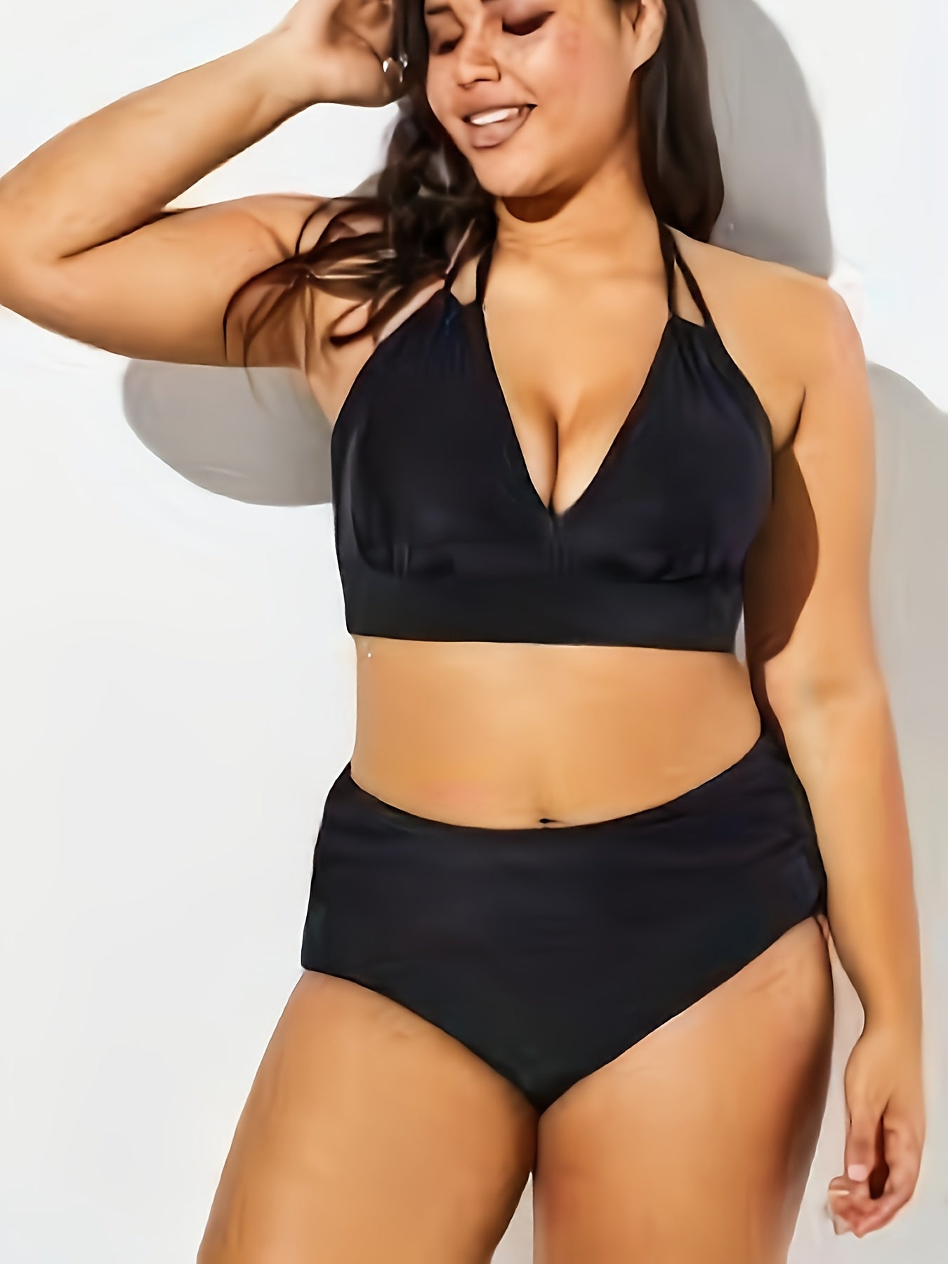Solid V Neck Halter Bra & Panty Swimsuit Set