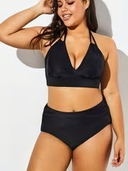 Solid V Neck Halter Bra & Panty Swimsuit Set
