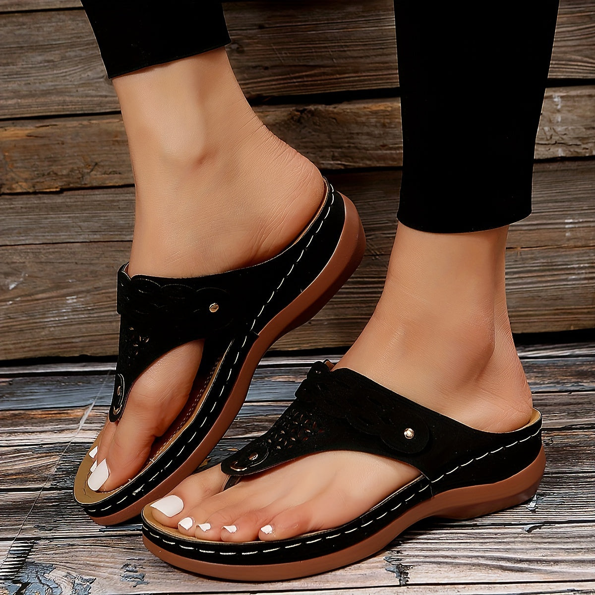 Women's Wedge Flip Flops Solid Open Toe Non Slip Shoes