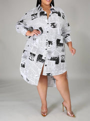 Newspaper Pattern Long Sleeve Casual Dress Shirt Dress