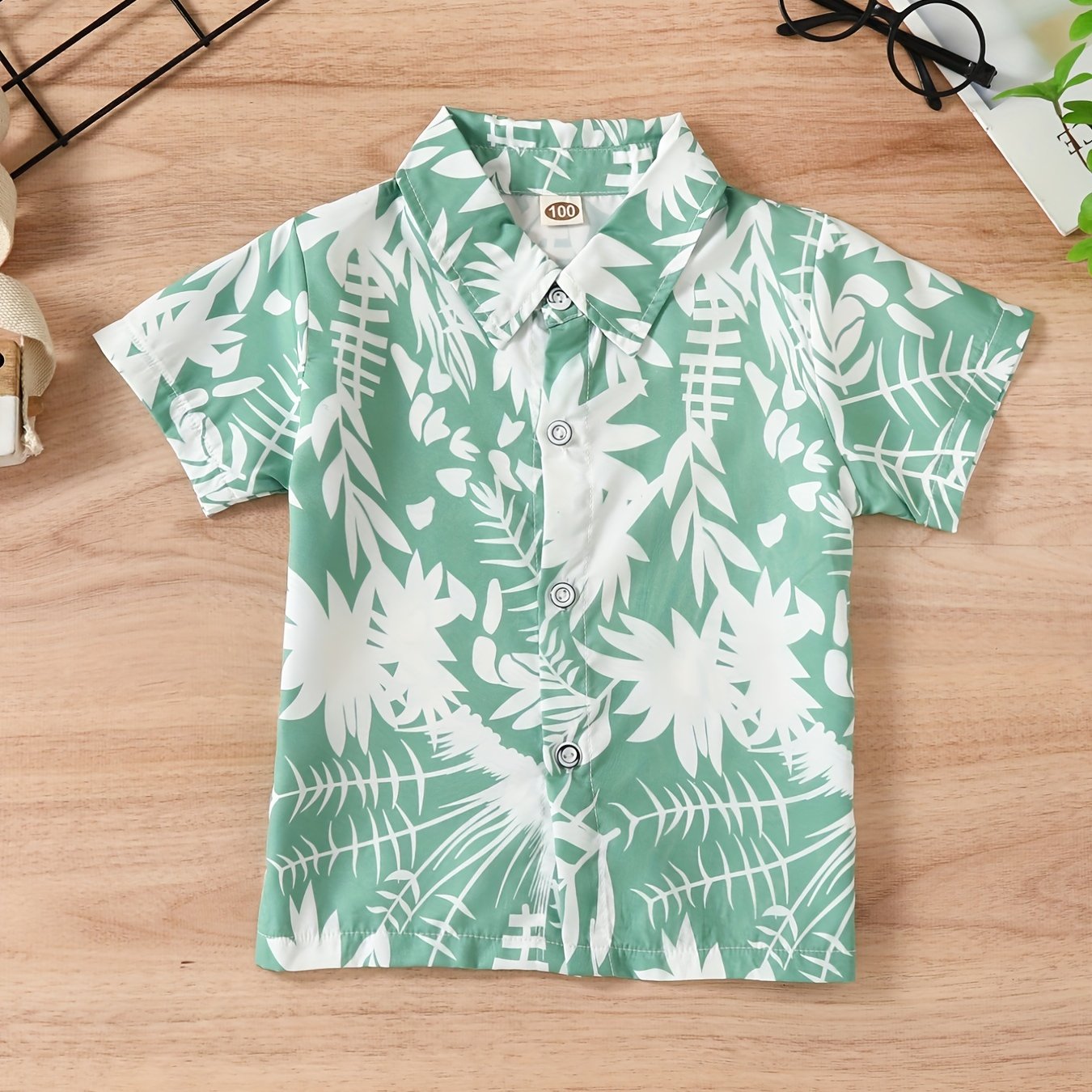 Boys Leaf Print Short Sleeves Shirt For Vacation Beach