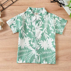 Boys Leaf Print Short Sleeves Shirt For Vacation Beach