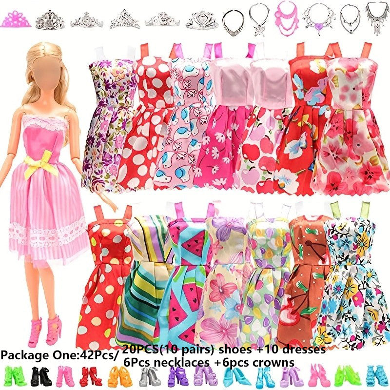 Doll Clothes & Accessories Set: Wedding Gown, Dresses, Shoes, Jewelry, Crowns