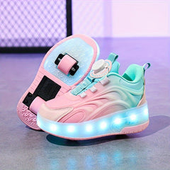 Girl's LED Roller Shoes w/ Rotating Buckle Detachable Wheels Skate Sneakers