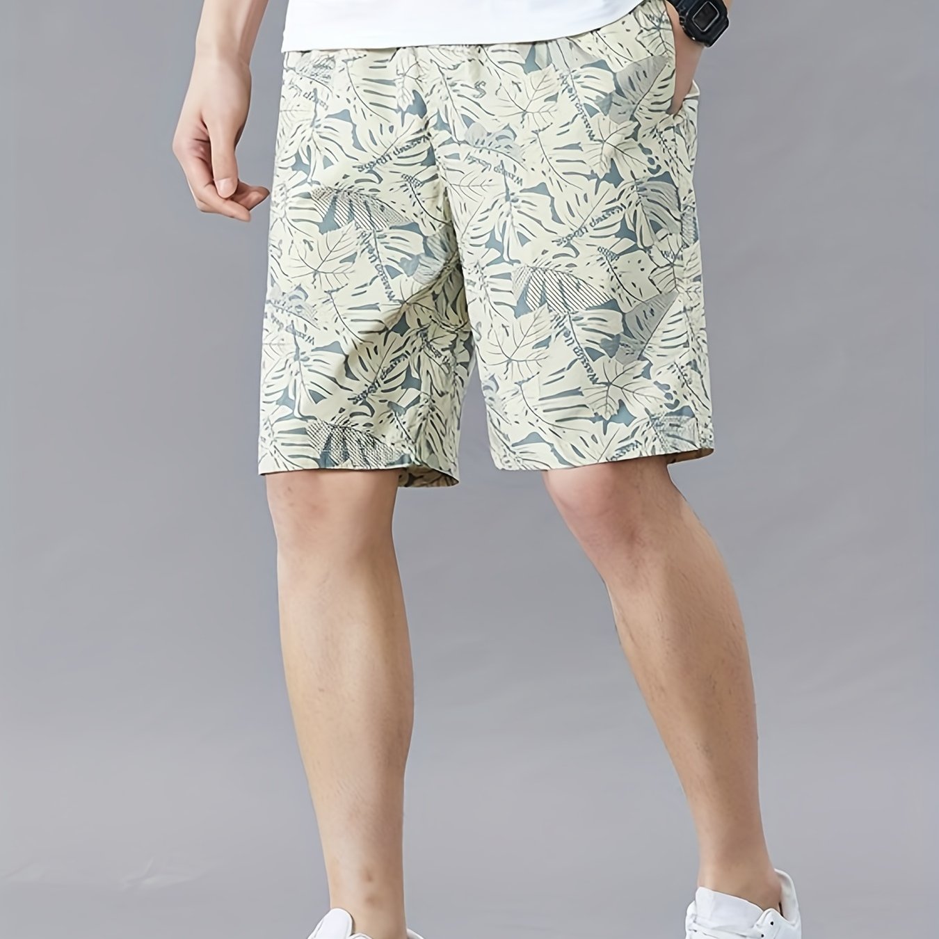 Men's Cotton Leaf Pattern Drawstring Shorts