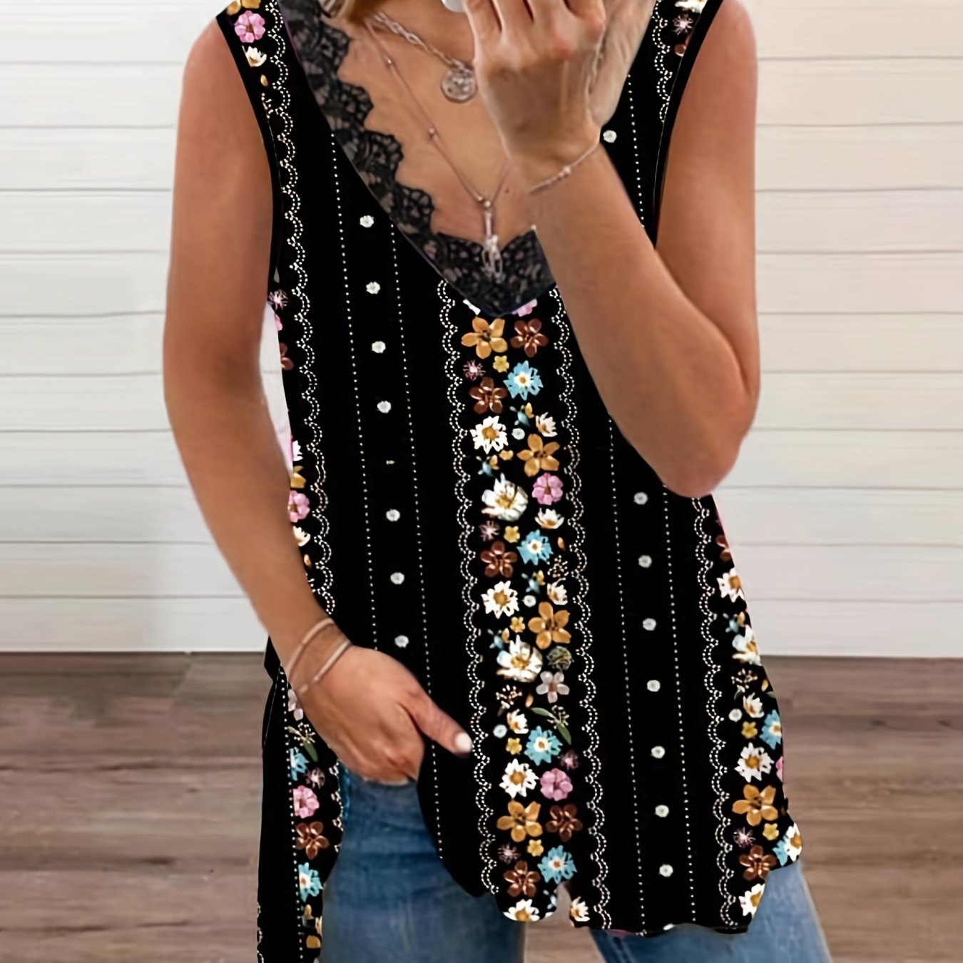 Floral & Stripe Print V Neck Tank Top