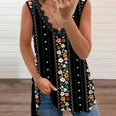 Floral & Stripe Print V Neck Tank Top