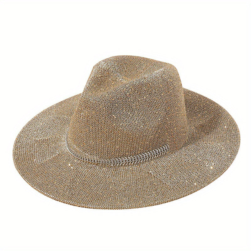 Sequins Sparkling Y2K Sun Hat Chain Decor Solid Fedora Cap