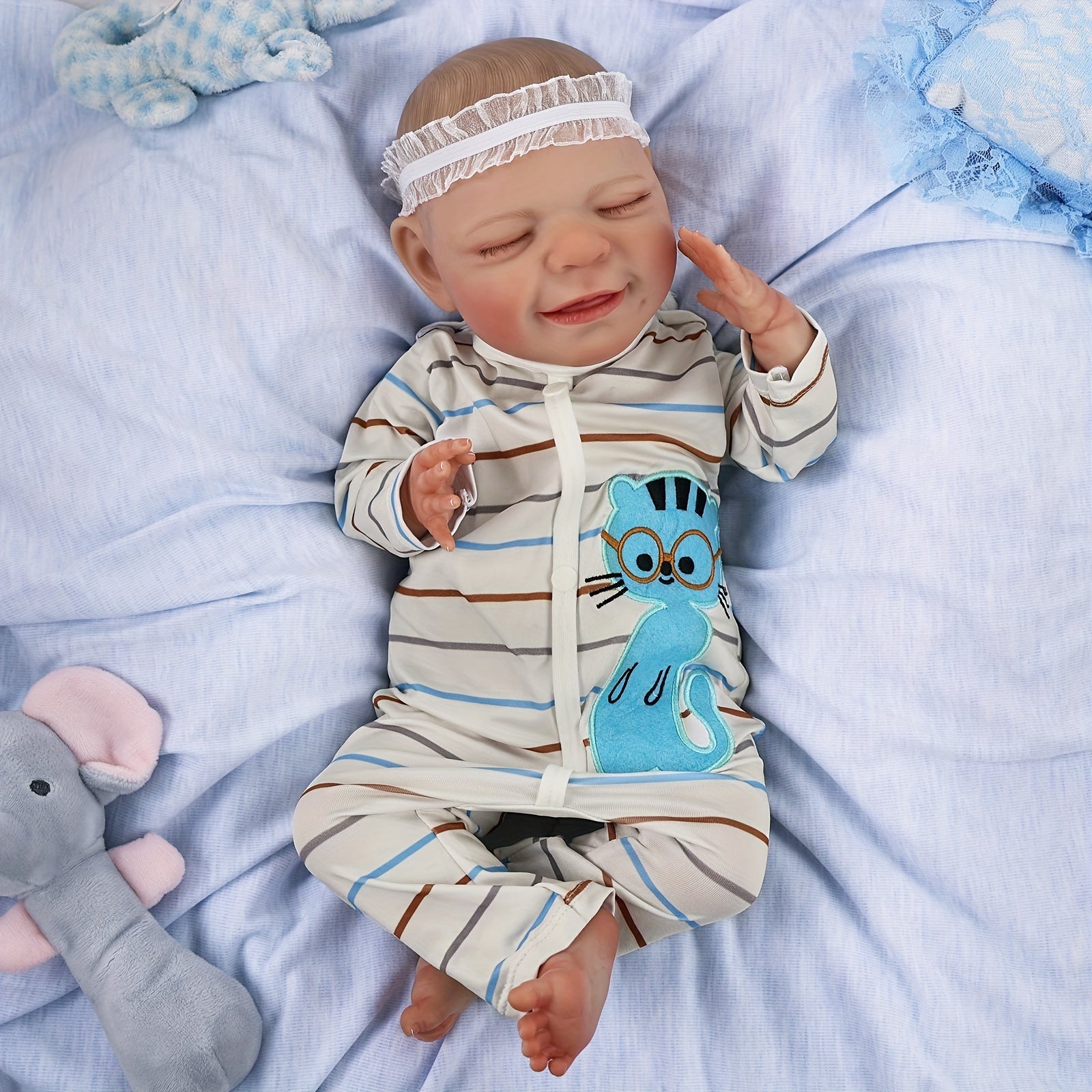 20'' Doll Bebe Reborn Baby Lifelike Sleeping Newborn Striped Cat Clothes