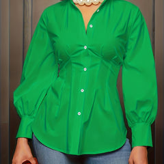 Casual Blouse Button Up Lantern Sleeve Turn Down Collar Blouse