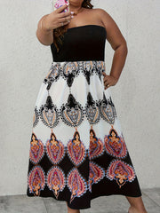 Boho Dress Women's Plus Colorblock Tribal Print Shirred Tube A Line