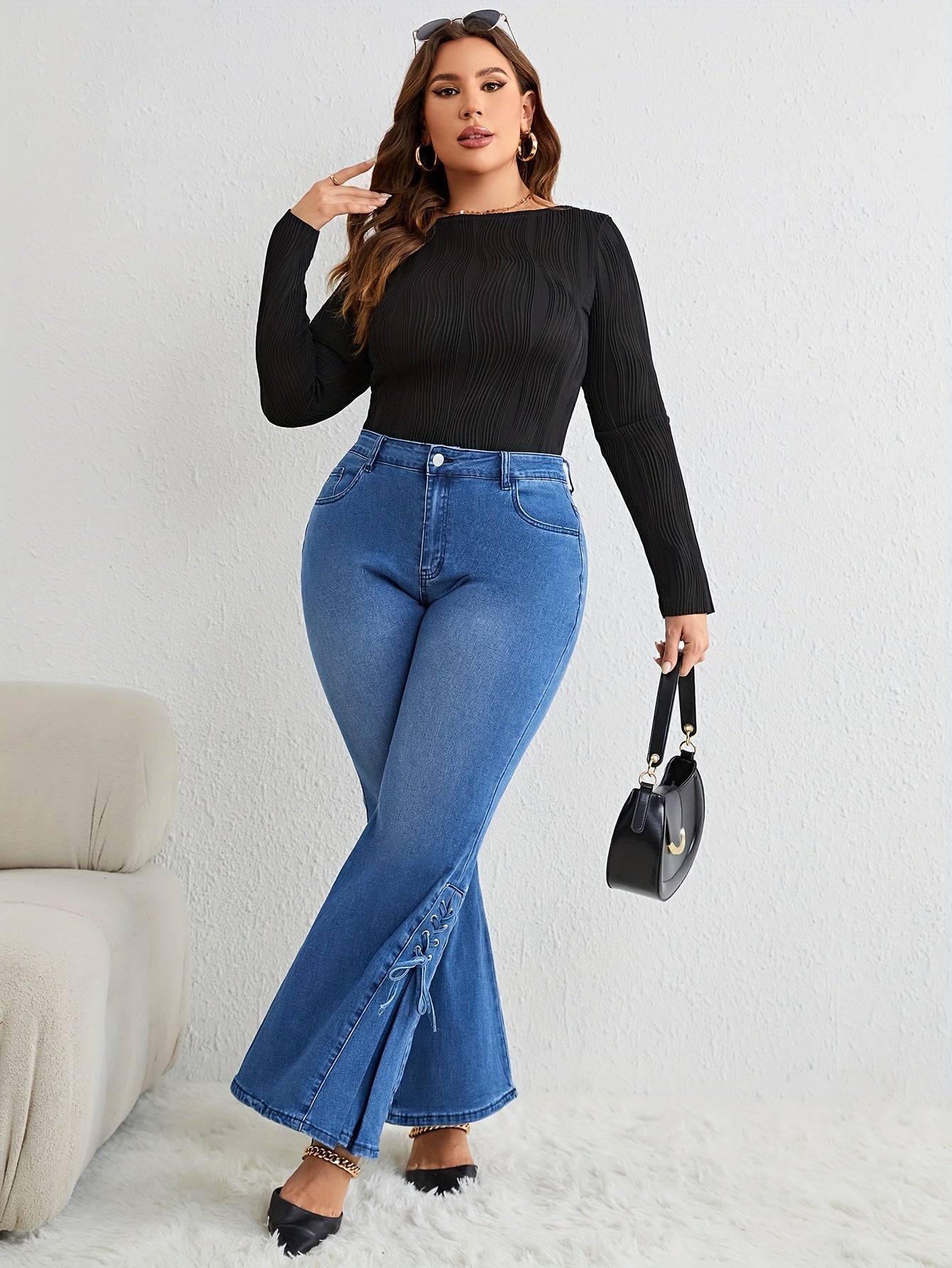Women's Washed Button Fly Lace Up Flared Leg Jeans