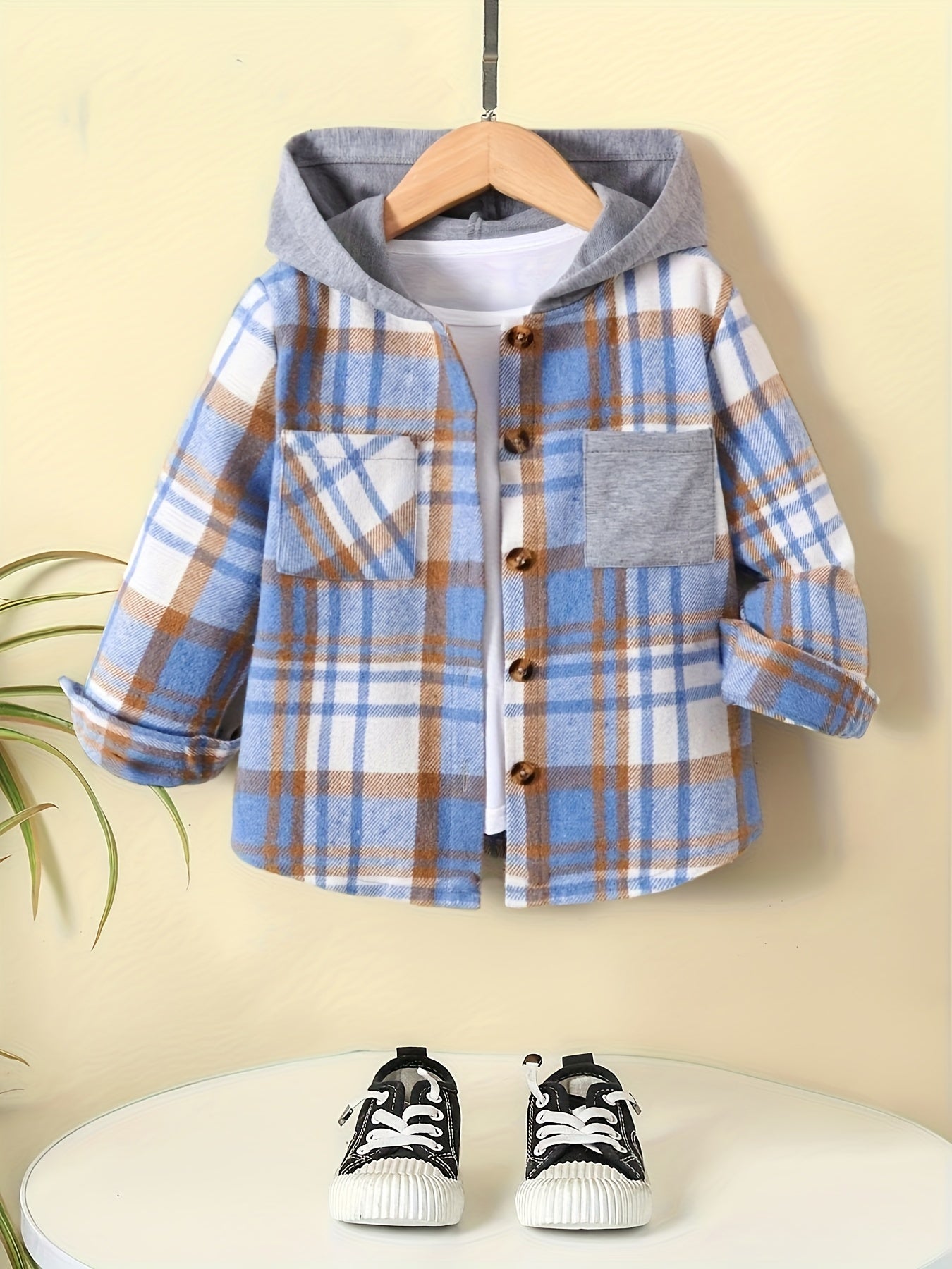 Boys Hooded Cardigan Coat Plaid Shirt Casual Kids Clothes