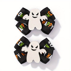 2pcs Halloween Pumpkin Ghost Cat Bow Hair Clips