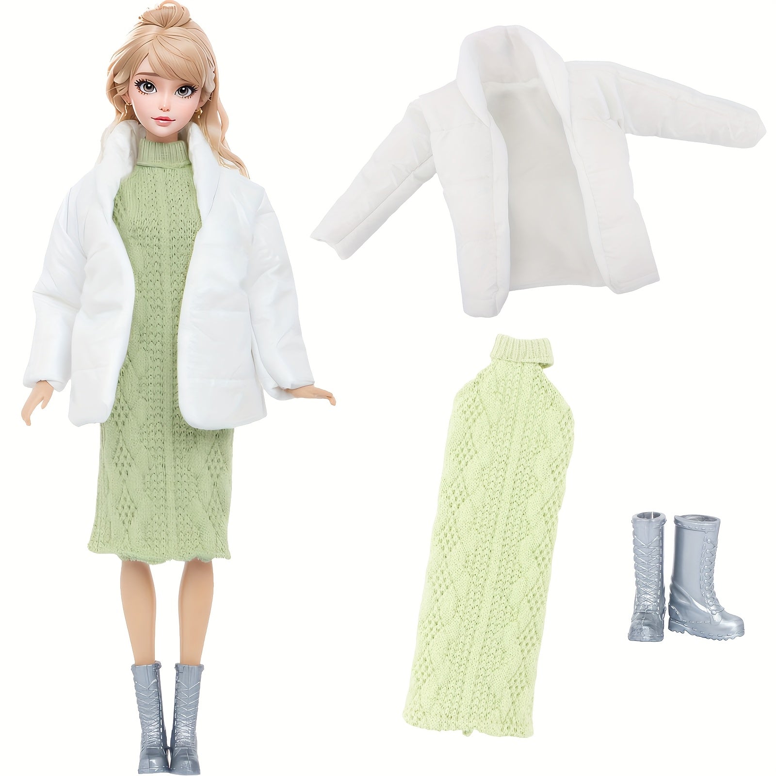 3pcs Doll Clothes Winter Coat Knitted Dress Skirt Boots High Heels No Dolls
