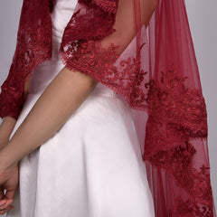 Red Lace Bridal Veil Single Layer Wedding Headpiece Romantic Bride Hair