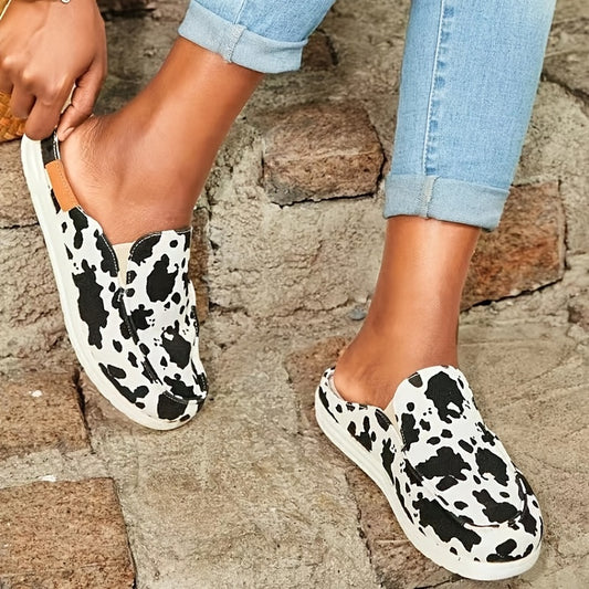 Cow Print Flat Mules Closed Toe Canvas Slippers