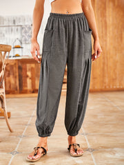 Solid Ruched Baggy Pants High Waist Elastic With Pockets