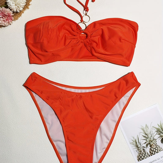 Solid Halter Neck Bikini Set with Ring Decor